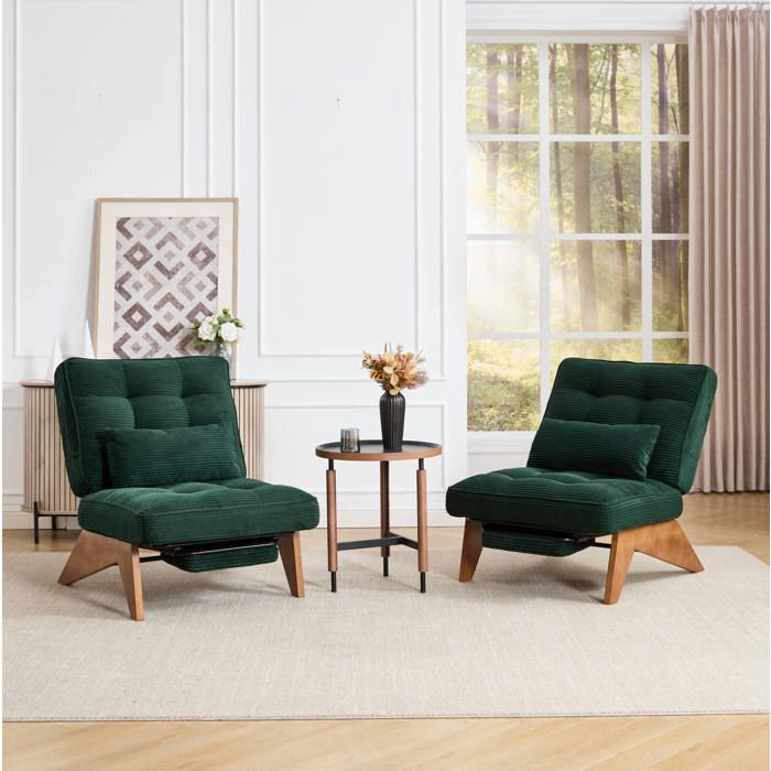 Fauteuil lounge confortable avec dossier réglable coussin lombaire et repose-pieds en velours vert foncé pieds en bois