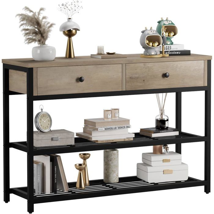 GARVEE Table Console Console meuble Table dEntrée 2 Tiroirs et 2 étagères en Treillis Métallique 101x 30 x 81 cm marron