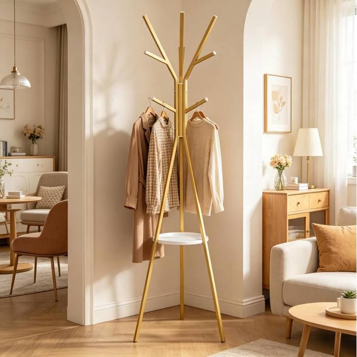 Porte-manteau sur pied en forme d’arbre 180 cm avec 9 crochets et étagère ronde métal et MDF doré