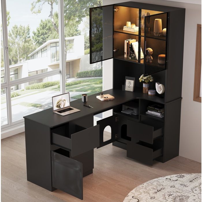 Bureau d’angle 120 x 80 x 180 cm avec étagère vitrine LED 7 couleurs 3 tiroirs 2 portes MDF noir