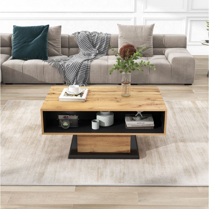 Modenuit Table basse 100 x 60 x 47 cm avec 1 tiroir niche ouverte et rangement double face aspect chêne