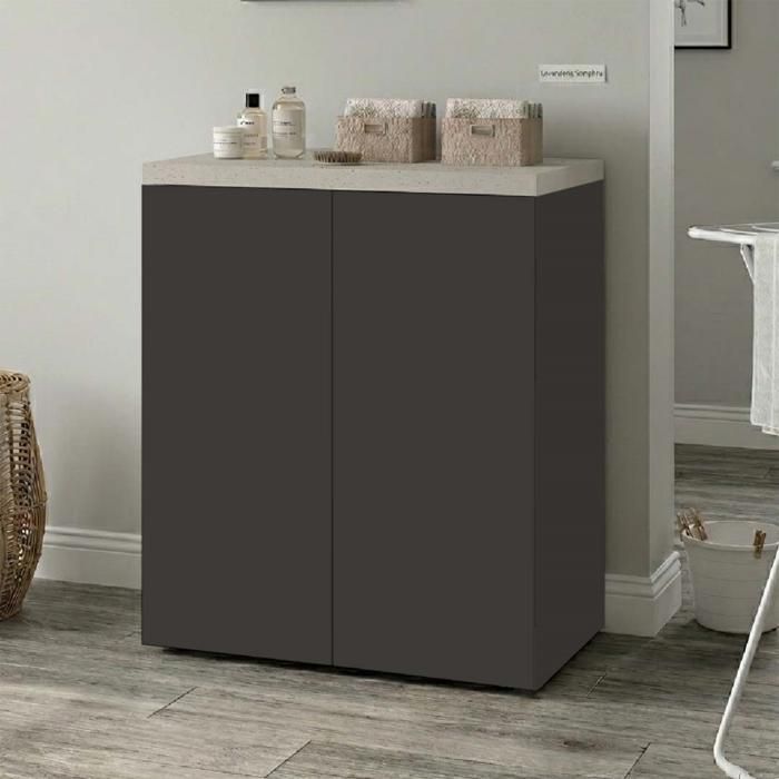 Meuble Bas de Buanderie Minimaliste 2 Portes Graphite Mat et Pierre H91x71 cm Meuble Bas de Buanderie Minimaliste 2 Portes Graphite Mat et Pierre H91x71 cm