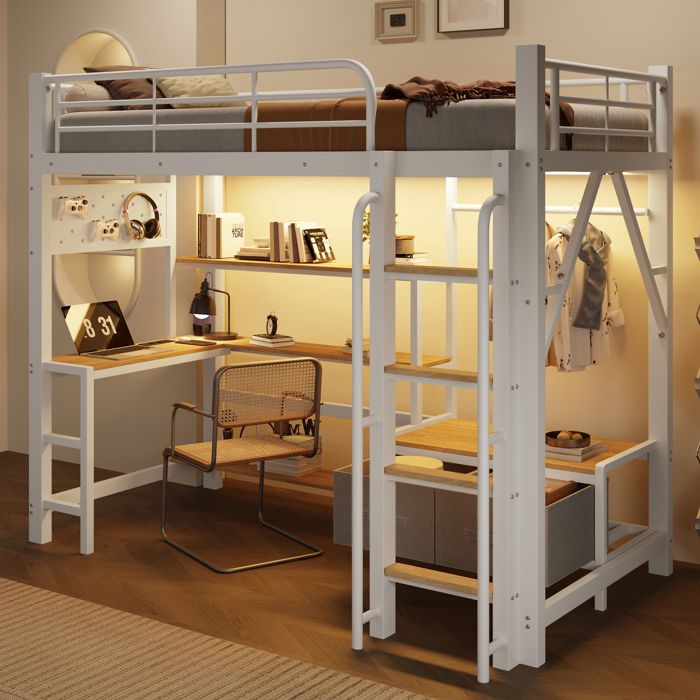 Lit mezzanine avec éclairage LED équipé dun bureau détagères à plusieurs niveaux et dun port USB 90×200 cm lit simple blanc
