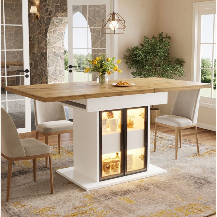 Table de Cuisine Extensible avec Rangement 2 Tiroirs Portes en Verre et Éclairage LED RGB - TCQPZ - MDF et Métal - Blanc