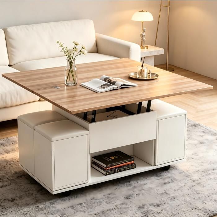 Table basse relevable multifonction EVRYAE 100 x 100 x 635 cm avec rangement 4 tabourets et roulettes blanc bois naturel