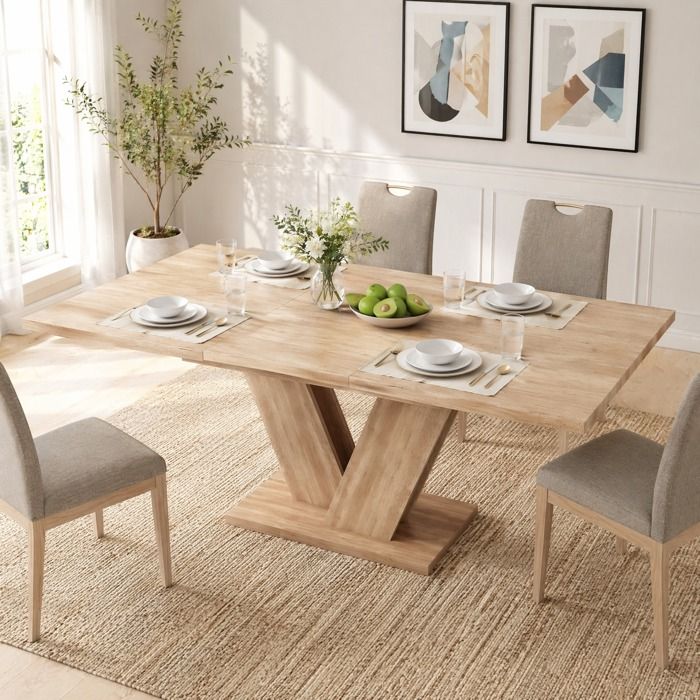 Table à manger extensible rectangulaire EVRYAE 140-180 x 80 cm 4 à 8 personnes pieds en V aspect chêne