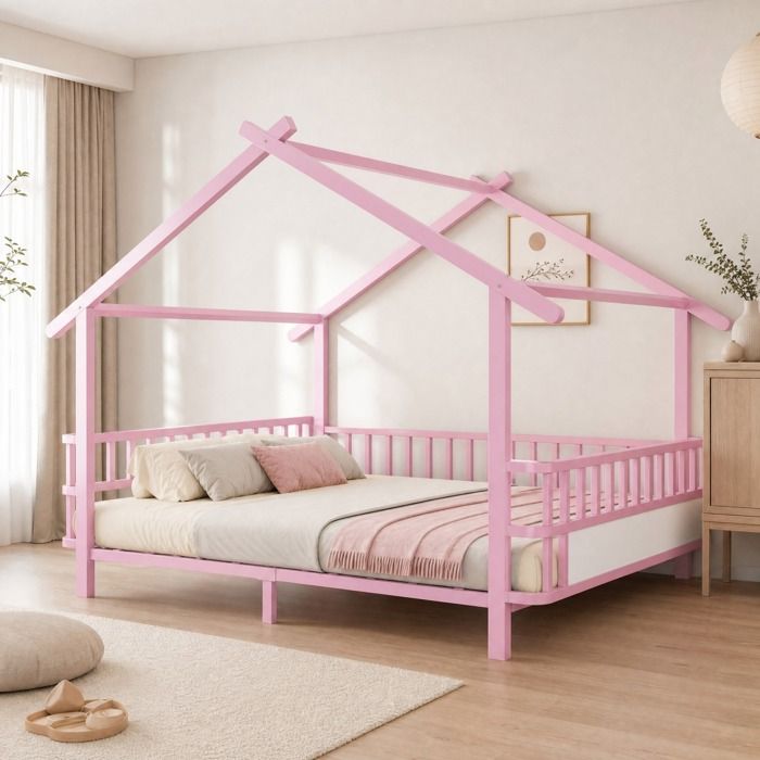 Lit Cabane Enfant 140×200 cm avec Barrières de Sécurité - MEUNIQ - sans matelas métal rose 2 Places