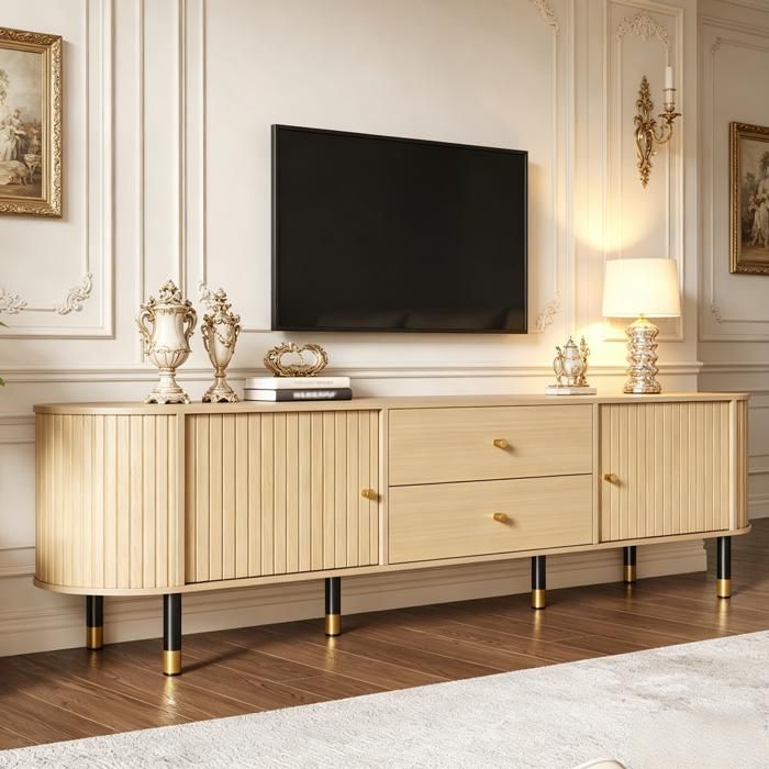 Meuble TV bas - SOGEU - Lowboard 180x40x58 cm - Aspect bois naturel - 2 tiroirs & 2 portes coulissantes - Forme ovale