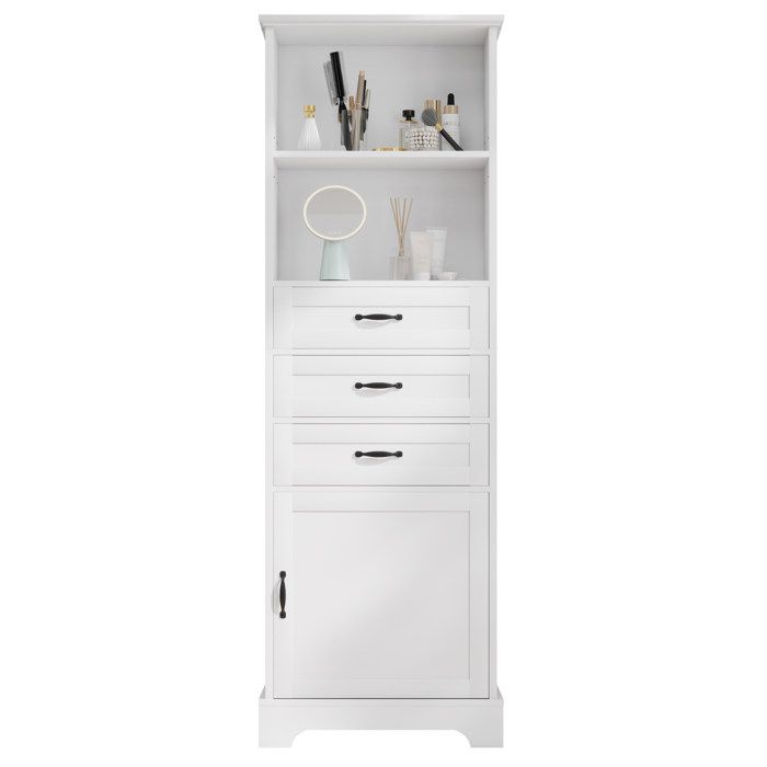 ELVORIN Colonne de salle de bain 56 x 25 6 x 167 cm MDF laqué blanc 3 tiroirs rangement ouvert étagère réglable poignées noires