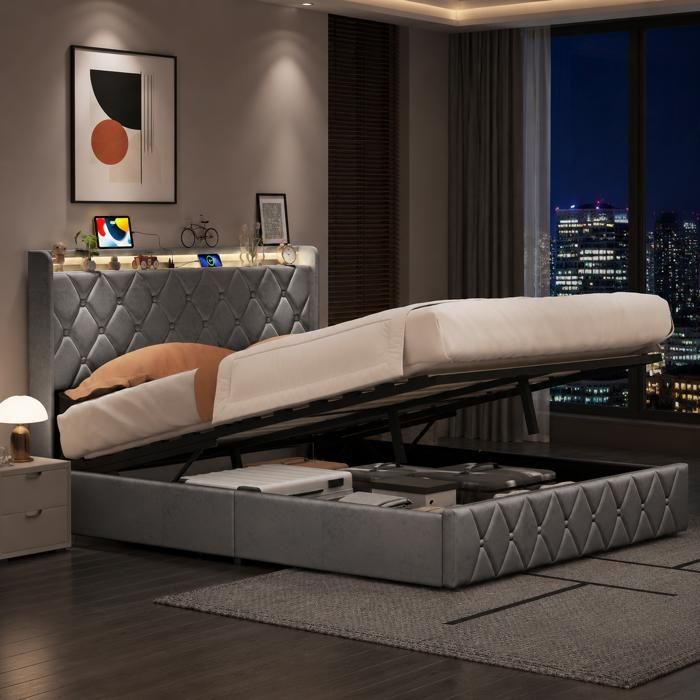 Lit Coffre 160x200cm avec Sommier LED et USB Lit Double 160x200 avec Rangement Cadre de Lit Capitonnée avec Tête de Lit Velours Gris