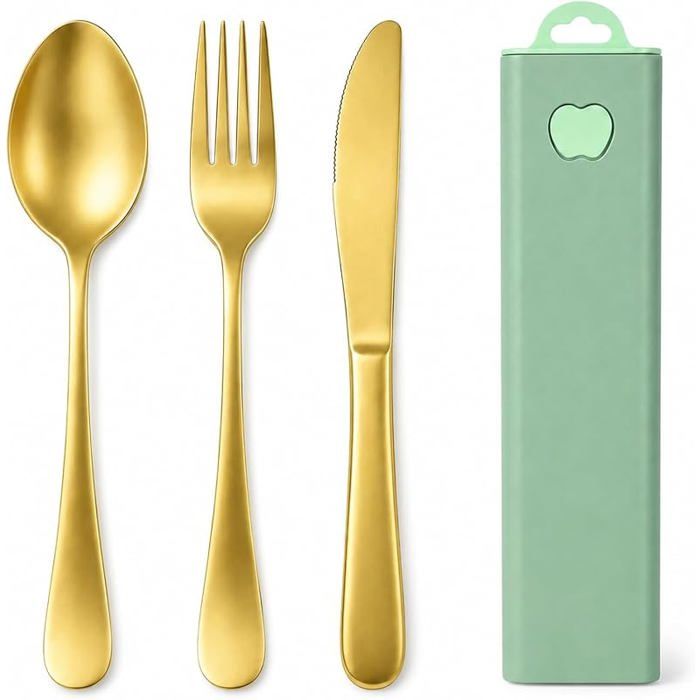 Couverts Lunch Box de Camping 3 Set Couverts Portables en Acier Inoxydable  Lavable au Lave VaisselleÉtui RenforcéIdéal Gold