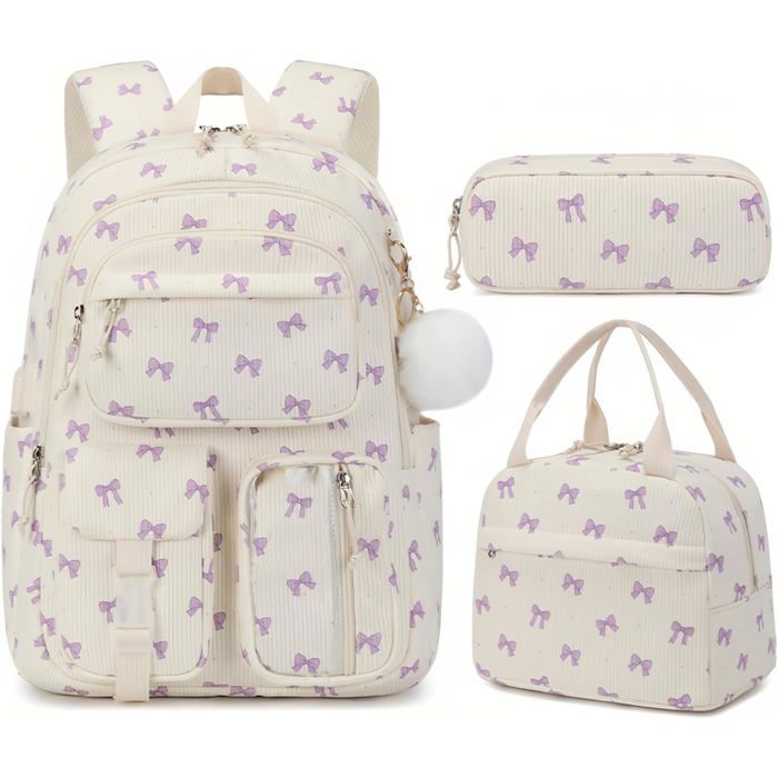 Cartable Fille Primaire lot 3 pièces sac velours côtelé sac scolaire léger école‑quotidien nœud blanc cassé et violet