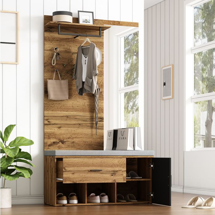 Meuble rangement vestiaire d’entrée aspect bois avec miroir banc rembourré tiroir crochets 104 x 39 x 190 cm JOINERY