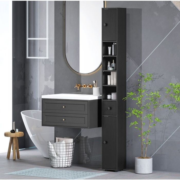 Maisentiel Colonne de salle de bain étroite 20 x 20 x 180 cm noire 2 portes 1 tiroir 4 niches ouvertes