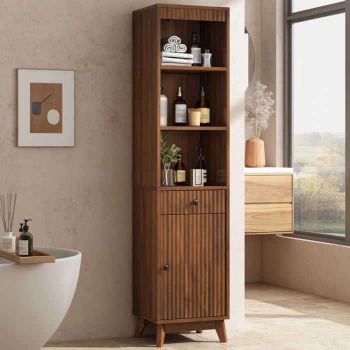 Meuble de salle de bains moderne noyer 40×36×172 cm motif à rayures verticales portes gauche et droite interchangeables tiroirs