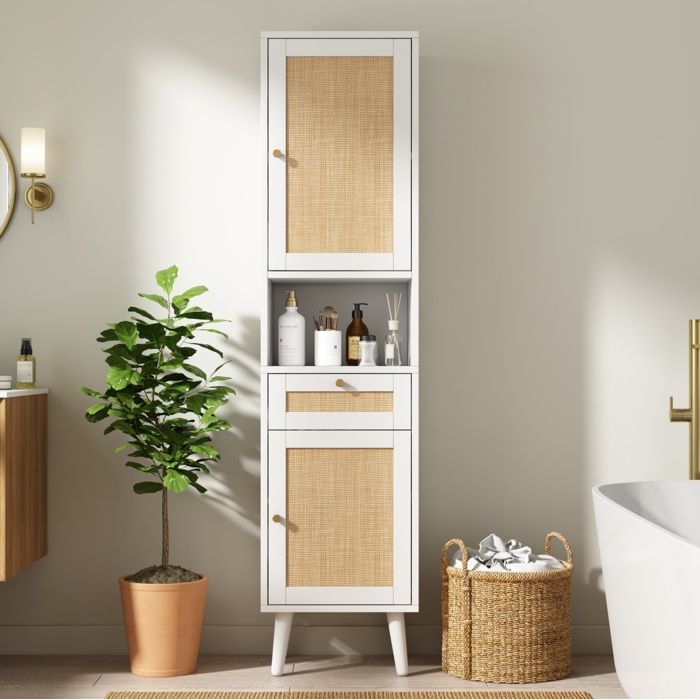 ULEVR Armoire colonne de salle de bain 166 cm blanc rotin tiroir portes réversibles