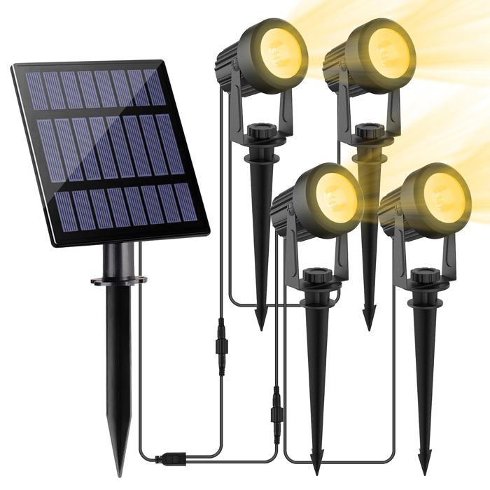 Projecteur solaire extérieur 4 en 1 - 3000K étanche IP65 panneau solaire 4W 2 modes déclairage pour jardin allée et terrasse