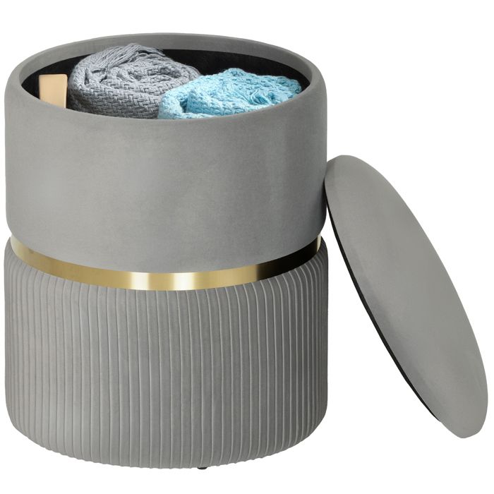 Hocker de rangement rond Velours gris clair Siège rembourré avec couvercle amovible et espace de stockage