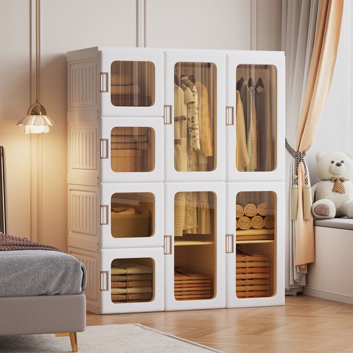 Armoire pliante 104x50x136cm - Armoire de rangement 12 casiers 8 portes avec tringle - Meuble dressing en plastique - Blanc Armoire pliante 104x50x136cm - Armoire de rangement 12 casiers 8 portes avec tringle - Meuble dressing en plastique - Blanc