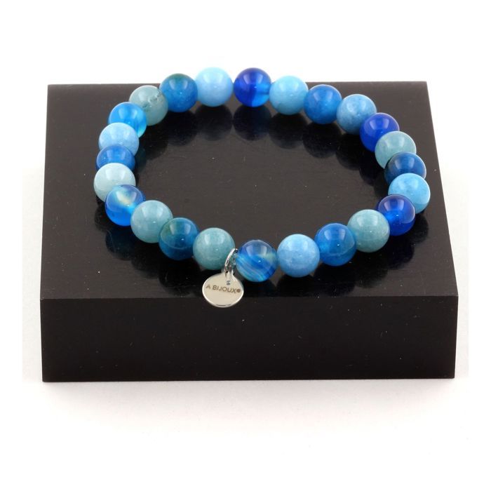 Pierres et Minéraux. Bracelet Perles Calcédoine bleu + Aigue-Marine + Agate rubanée bleu + Fabriqué en France. Pierres et Minéraux. Bracelet Perles Calcédoine bleu + Aigue-Marine + Agate rubanée bleu + Fabriqué en France.