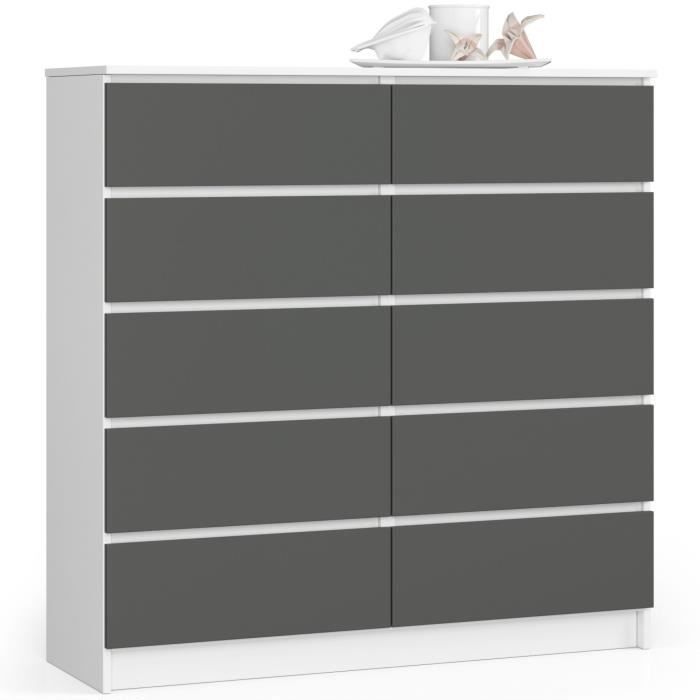 Commode AKORD K120 Blanche 120 cm 10 tiroirs façade Gris Graphite 120x40x121 cm
