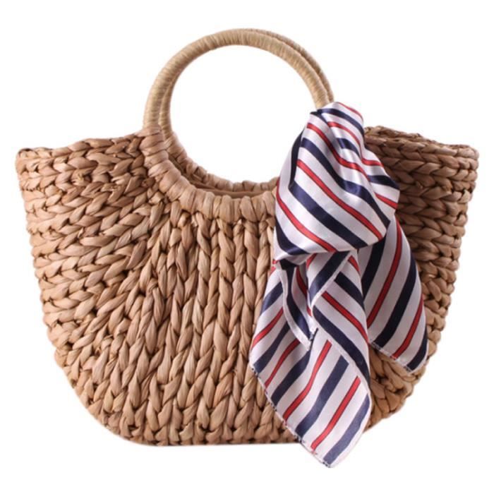 sac a main en paille pour femme grand sac a panier fourre-tout d'epaule sacs d'ete sac de rotin de gland de femmes tresse (couleur p