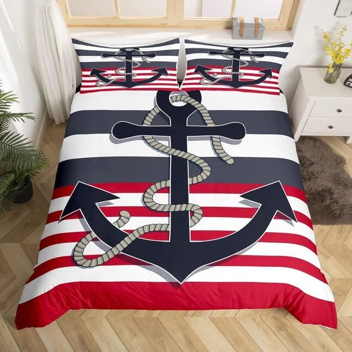 Housse De Couette Rayures Bleu Blanc 220x240 Cm - Parure De Lit Coton Doux Pour Enfants, Design Géométrique Moderne Et Respirant