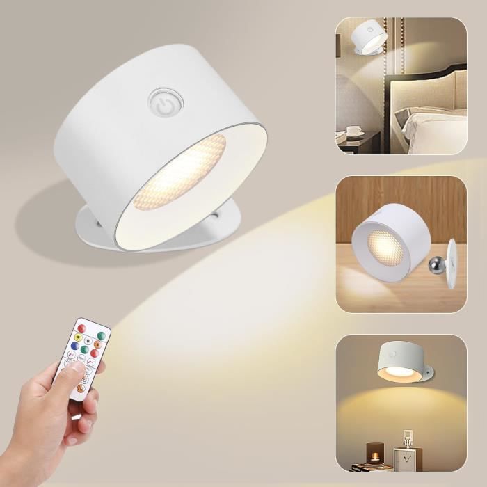 Applique Murale LED Rechargeable Tactile - Mini Spot Rotatif 320° Pour Chevet Et Lecture, Blanc 4000K