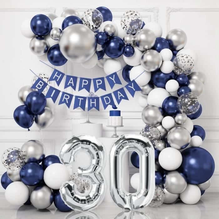 Décoration Anniversaire 30 Ans Homme Ballon Anniversaire Bleu Argent Kit de Ballons de