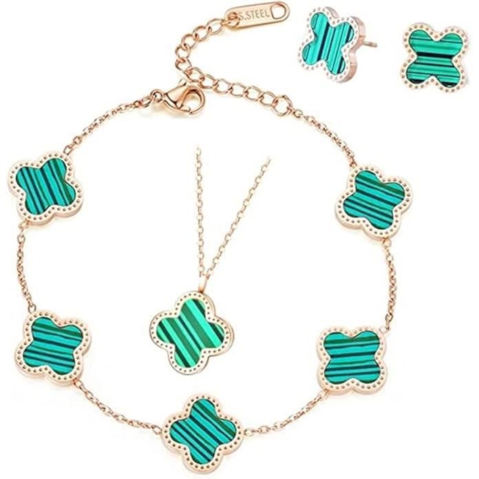 Set De Bijoux Trèfle à Quatre Feuilles Pour Femme - Collier, Boucles D'oreilles Et Bracelet En Acier Inoxydable Plaqué Or 18K - 7