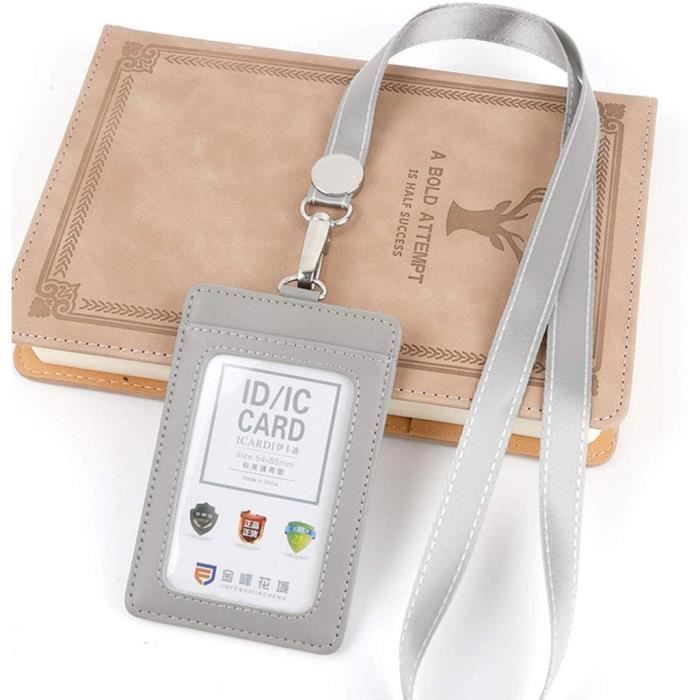 Porte-badge Vertical En Cuir Synthétique - 1 Fenêtre Transparente + 1 Fente Carte + Cordon Tour De Cou - 11x7 Cm