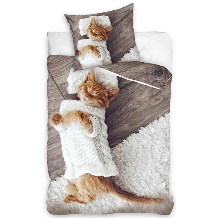 Le Chat Roux Parure De Lit Housse De Couette 140x0 Taie 70x90 Parure 100 Coton Lit 1 Personne Cdiscount Maison