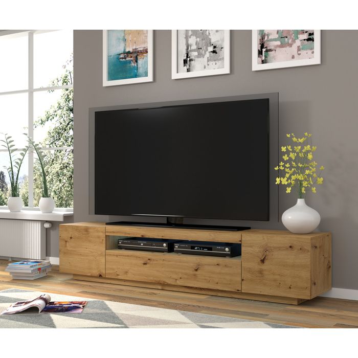 Meuble TV bas universel Aura 200 cm à suspendre ou à poser chêne artisan avec LED Meuble TV bas universel Aura 200 cm à suspendre ou à poser chêne artisan avec LED