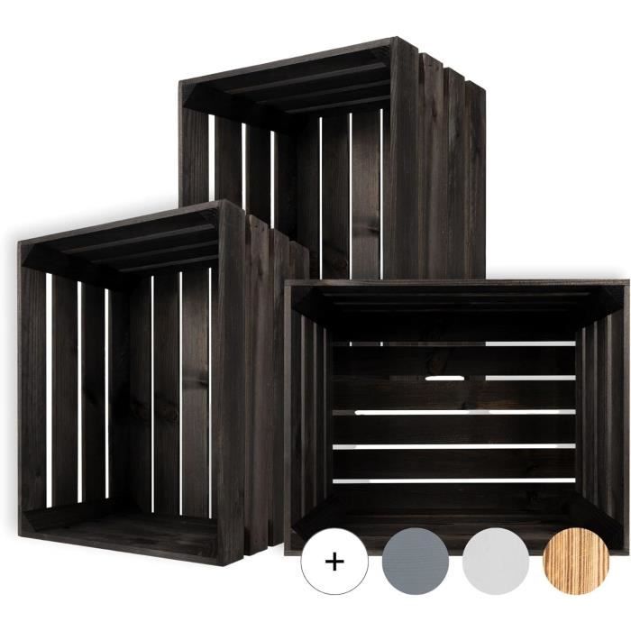 BOGATECO Caisse En Bois Naturel 60x35x14,5 Cm - Décorative Fruits Légumes Rangement Noir