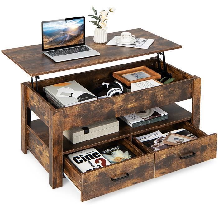 Table Basse Avec Plateau Relevable Avec Levage Pneumatique, Table De Salon Avec 3 Compartiments Ouverts Et Placard A Porte