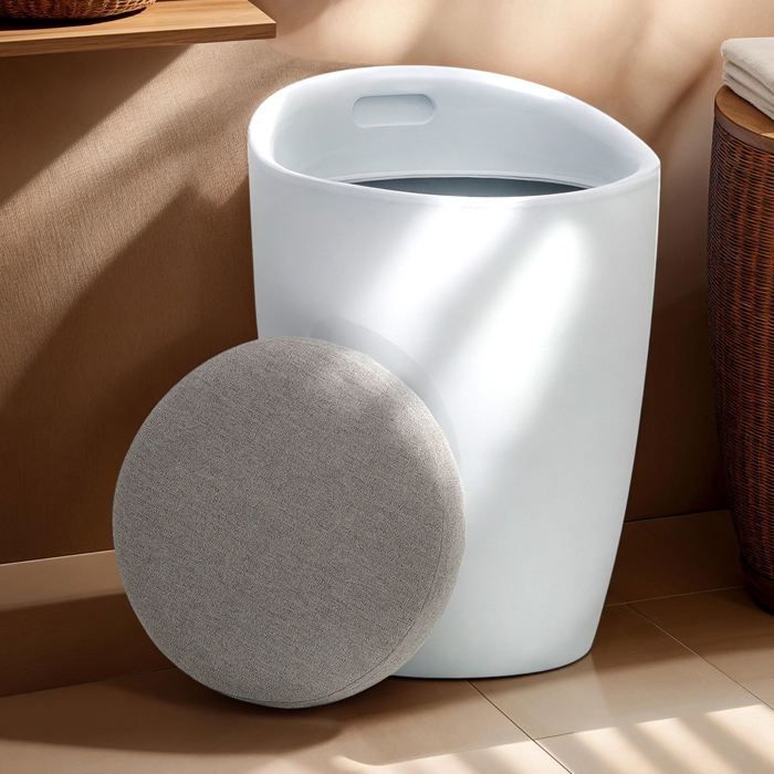 Tabouret DANIEL coffre de rangement panier à linge siège avec assise rembourrée en plastique et revêtement synthétique blanc/gris