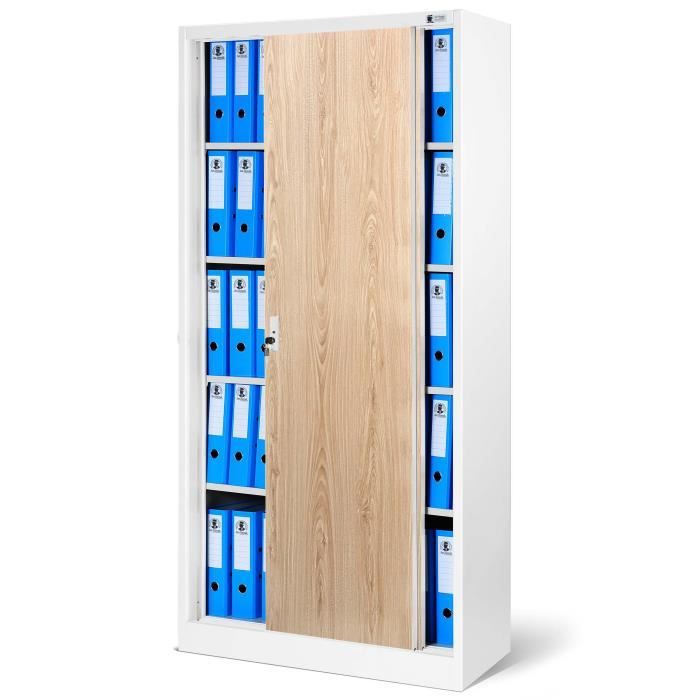 Armoire de Bureau SD001 Armoire Métallique à Portes coulissantes tôle dacier étagères 185 cm x 90 cm x 40 cm (Blanc/Imitation Bois)
