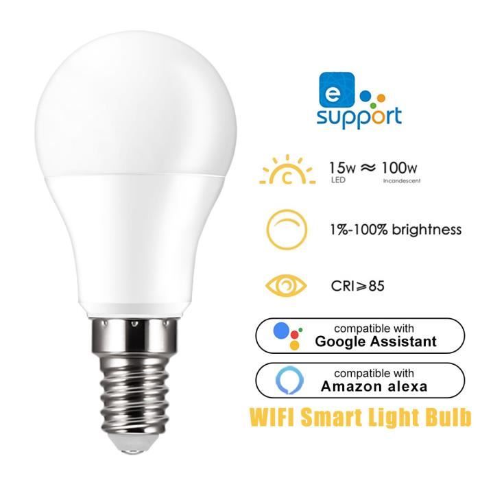 Ampoule LED Smart E14 15w≈100w Haute luminosité Dimmable contrôle par WiFi/Vocal/APP blanc