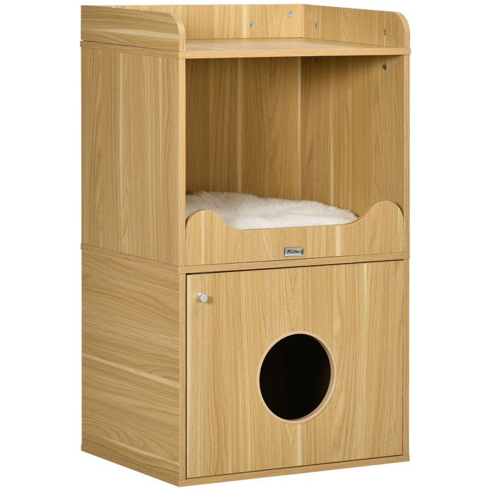 Comparer les prix de Maison de toilette chat - porte, niche avec coussin, plateau - panneaux aspect bois clair
