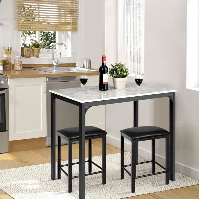RELAX4LIFE Table Compacte avec 2 Tabourets Mange-Debout Industriel Plateau en Faux Marbre pour Cuisine Salle à Manger
