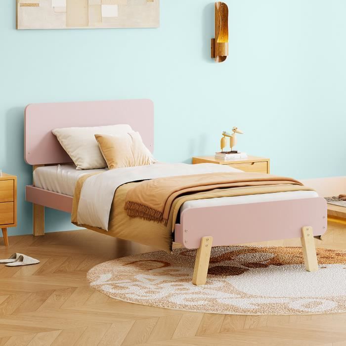 lit simple 90 x 190 cm, lit d'enfant en bois massif avec sommier à lattes, forme mignonne et unique de tête et de pied de lit