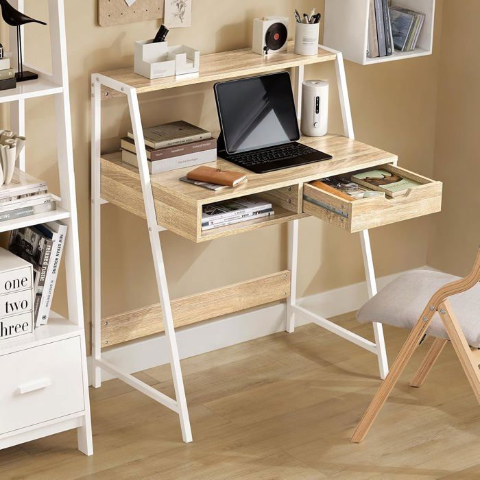 Bureau Informatique SoBuy Table de Bureau Secrétaire avec Tiroir et Étagère Bureau Design Pratique en Métal Blanc 81x50x100 cm