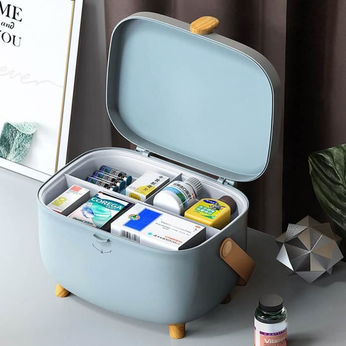 Boîte à Pharmacie 2 Niveaux Pliable - Rangement Médicaments Maison - Portable Avec Poignée - Transparente - Couleur Gris