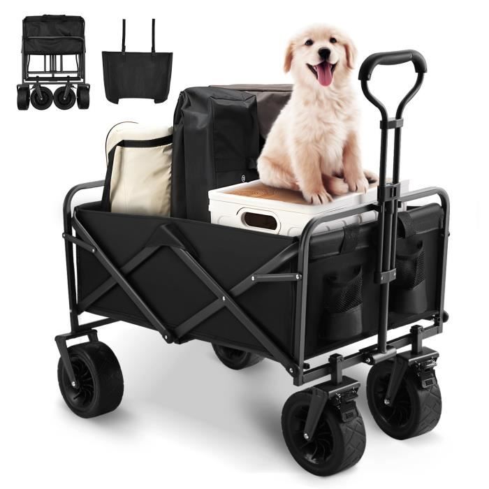 Chariot de Jardin avec Freins Pliable, Charrette de Transport avec Roues Larges, Chariot Pliable Compact, Pliable, Noir
