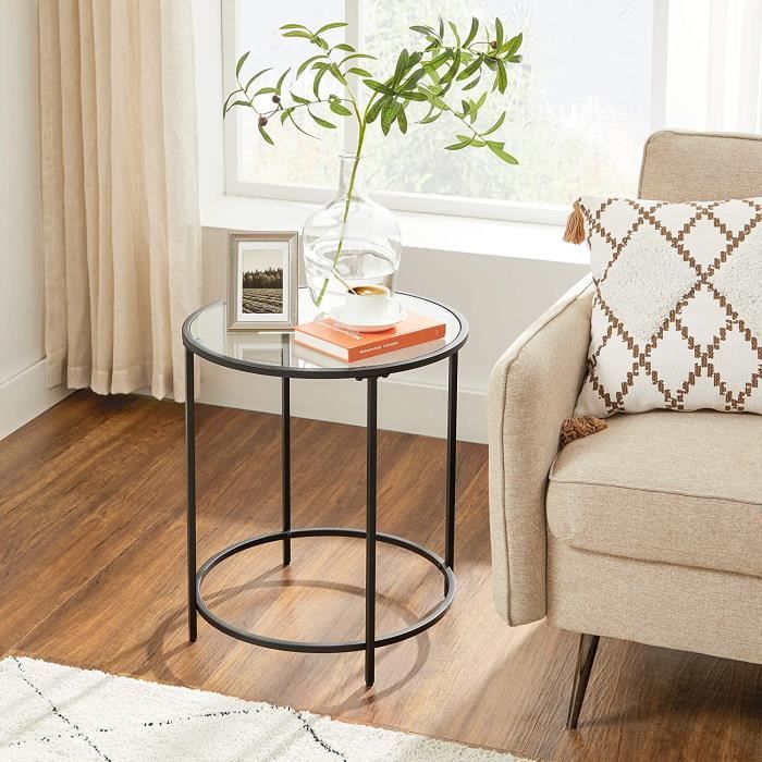 VASAGLE Table d'appoint ronde - en verre trempé - 50 x 50 x 55 cm - pieds en métal, Noir, LGT020B01