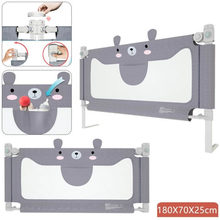 Barrière De Lit Enfant 200 Cm - Réglable En Hauteur, Anti-chute, Lavable, Motifs Ours Gris | Pour Enfant 18 Mois à 5 Ans, Matelas 3-23 Cm