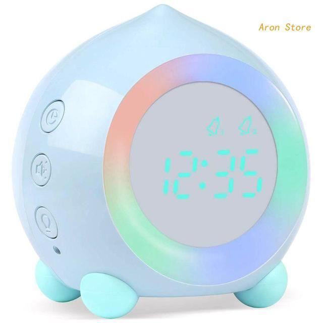 Réveil Enfant Numérique Bleu - Écran LCD Couleur - Modes Jour/Nuit Soleil/Lune - 6 Sons Alarme - Snooze
