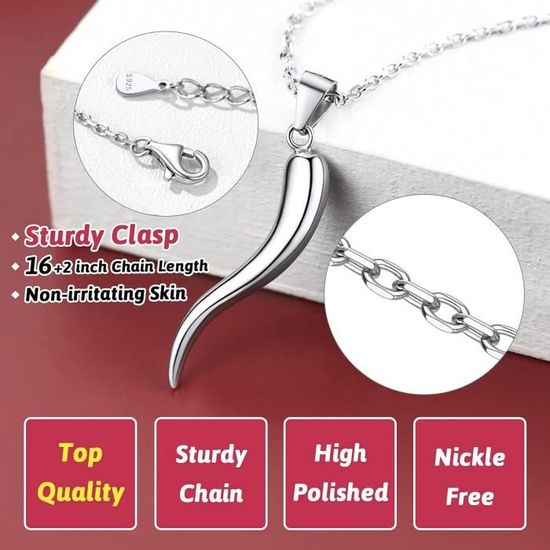 Collier Corne D'Abondance ChicSilver - Argent 925 - Porte-Bonheur Italien - Chaîne Réglable 45+5 Cm - Cadeau Femme, Maman, Fille