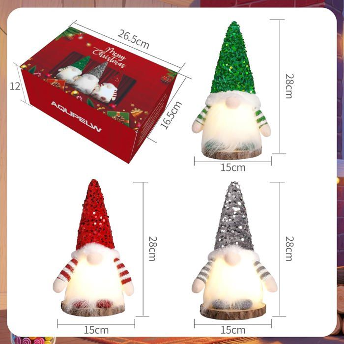 Lot De 3 Lutins De Noël Lumineux - Peluche LED Avec Boîte Cadeau - Décorations De Noël Mignonnes