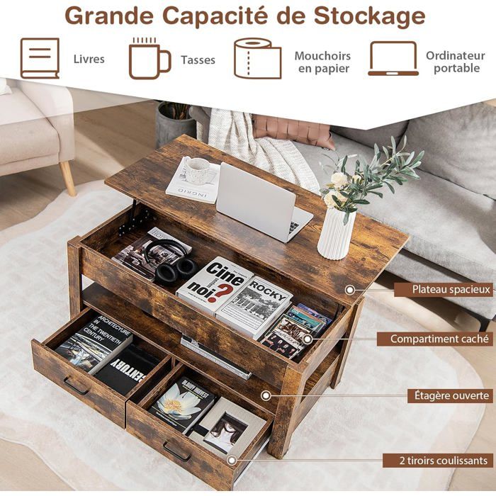 COSTWAY Table Basse Relevable Avec Rangement – Plateau Pneumatique 46-60 Cm, Compartiment Secret + Étagères, Design Moderne Noir Pour Salon & Bureau